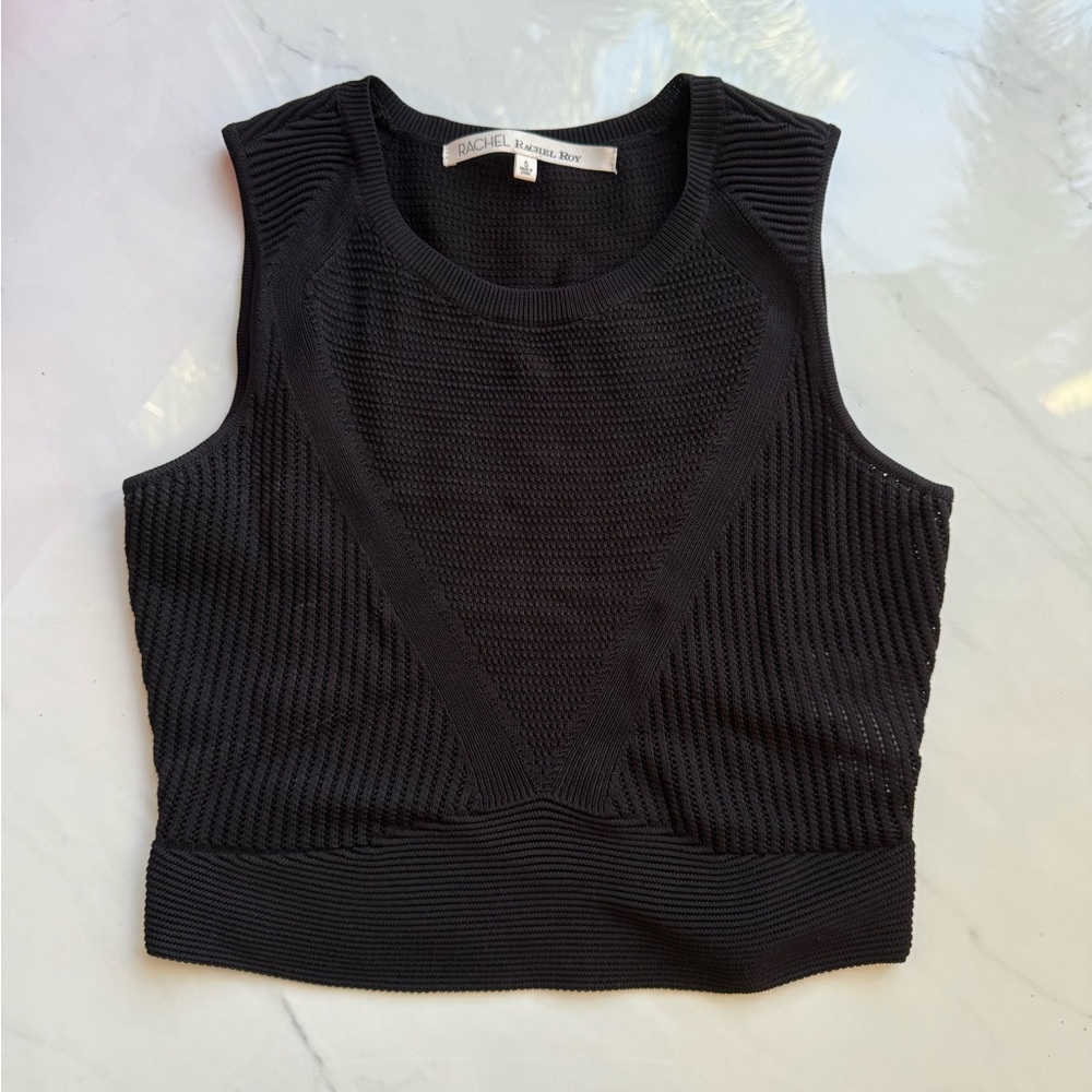 Rachel Rachel Roy Womens Black Textured Perforated Crop Top Shirt